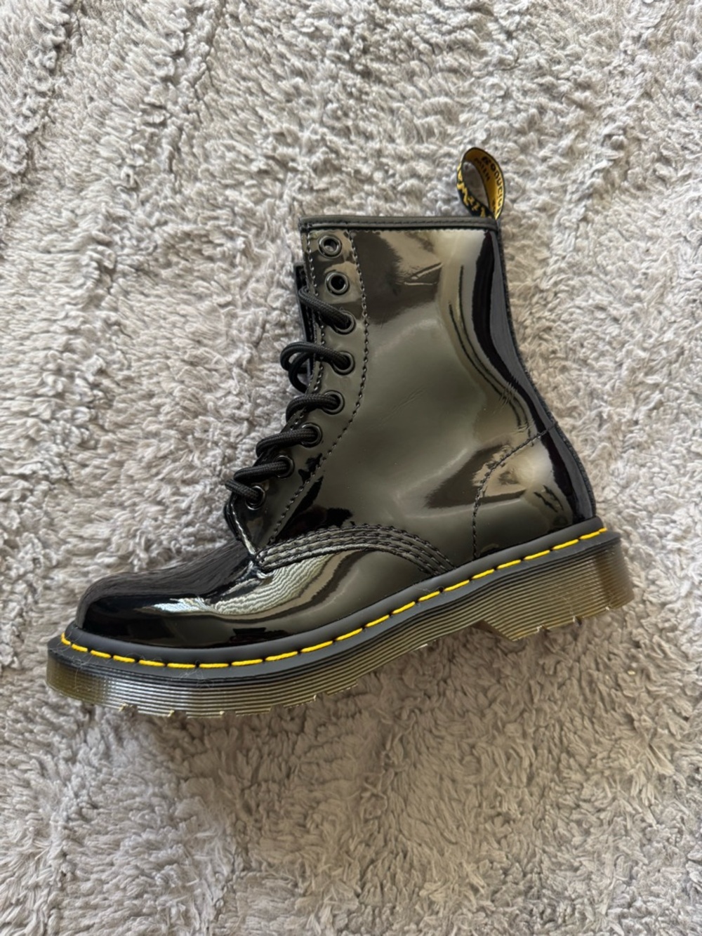 Dr. Martens Black Patent Lace-Up Combat Boots with Yellow Stitching - Picture 8 of 10